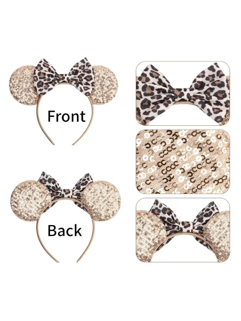 Women Leopard Polyester Sparkle Sequins Mickey Mouse Hair Bow Handmade Headband